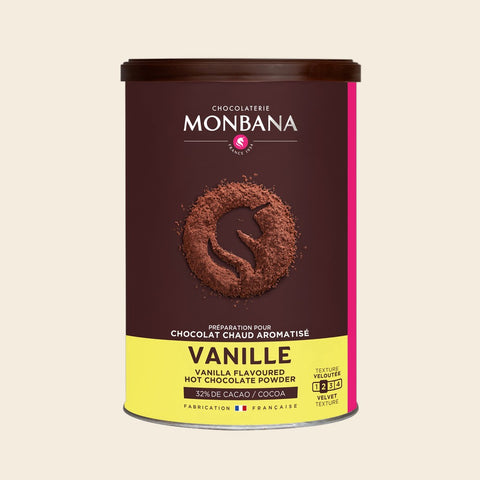 Monbana Vanille Trinkschokolade – 250 g Dose, freigestellt vor cremefarbenem Hintergrund