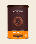 Monbana Orange Trinkschokolade – 250 g Dose, freigestellt vor cremefarbenem Hintergrund