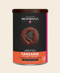 Monbana Tanzanie Trinkschokolade – 225 g Dose, freigestellt vor cremefarbenem Hintergrund