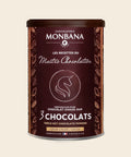Monbana 3 Chocolats Trinkschokolade – 175 g Dose, freigestellt vor cremefarbenem Hintergrund