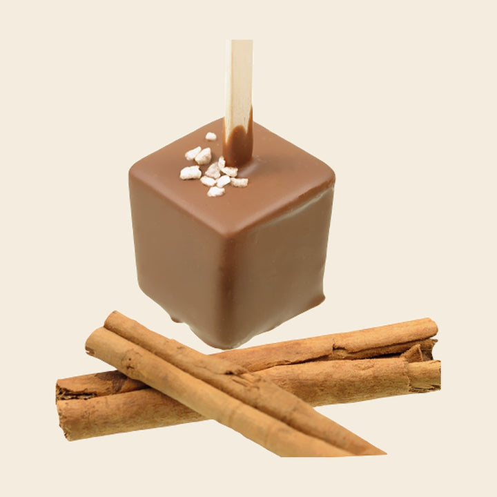 Trinkschokolade Zimt – Trinkschokolade am Stiel von Art of Chocolate, 30 g, freigestellt vor cremefarbenem Hintergrund