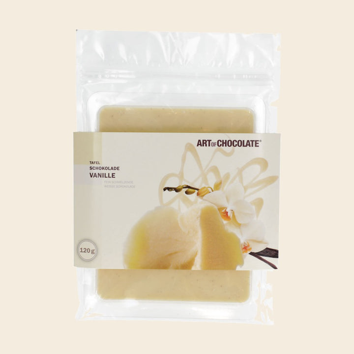 Vanille – Tafelschokolade von Art of Chocolate, 120 g, freigestellt vor cremefarbenem Hintergrund