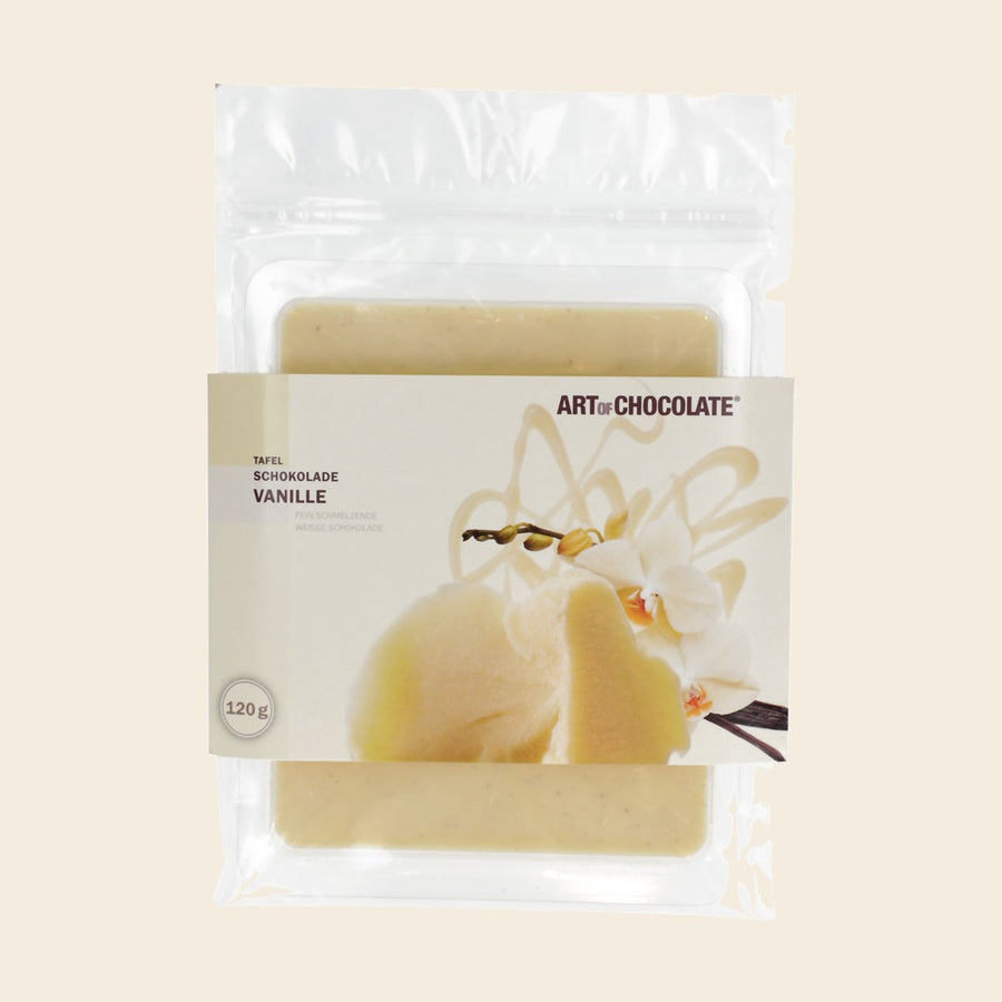 Vanille – Tafelschokolade von Art of Chocolate, 120 g, freigestellt vor cremefarbenem Hintergrund