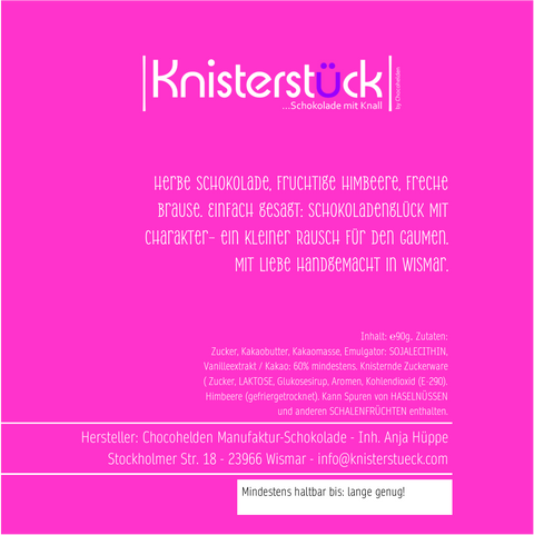 Zartbitter mit Himbeere & Knall Knisterstück by Chocohelden