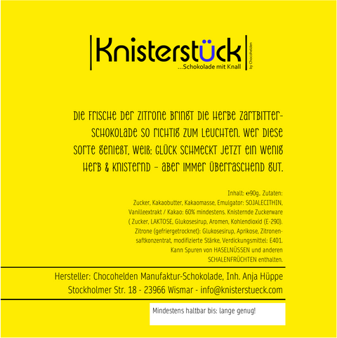 Zartbitter mit Zitrone & Knall Knisterstück by Chocohelden