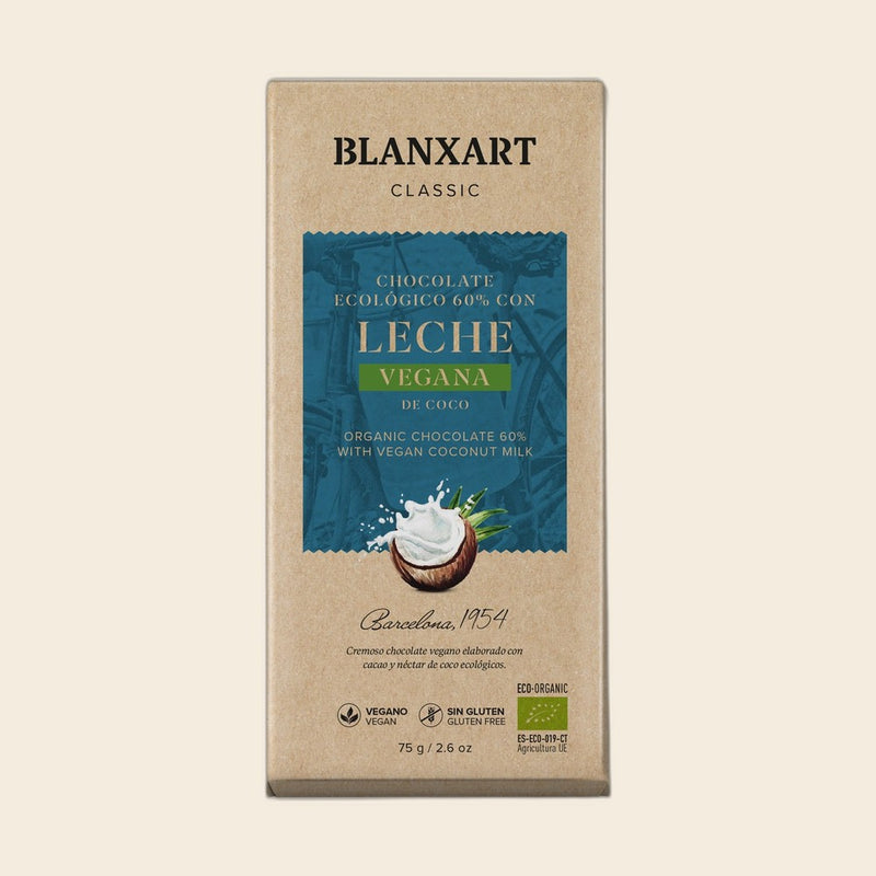 BLANXART Chocolate con Leche Vegana de Coco – Schokoladentafel 75 g, freigestellt auf Creme