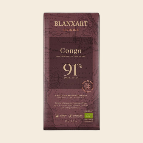 BLANXART Congo Mountains of the Moon 91 % – Schokoladentafel 75 g, freigestellt auf Creme