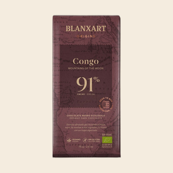 BLANXART Congo Mountains of the Moon 91 % – Schokoladentafel 75 g, freigestellt auf Creme
