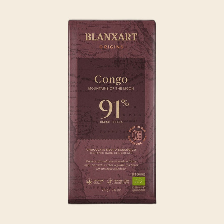 BLANXART Congo Mountains of the Moon 91 % – Schokoladentafel 75 g, freigestellt auf Creme