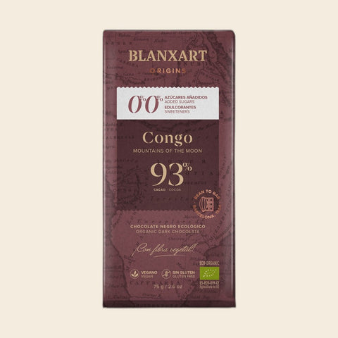 BLANXART Congo Mountains of the Moon 93 % – Schokoladentafel 75 g, freigestellt auf Creme