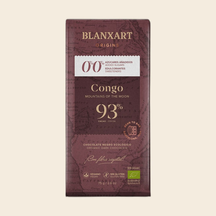 BLANXART Congo Mountains of the Moon 93 % – Schokoladentafel 75 g, freigestellt auf Creme
