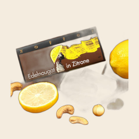 Edelnougat in Zitrone – handgeschöpfte Schokolade von Zotter – weitere Ansicht, freigestellt