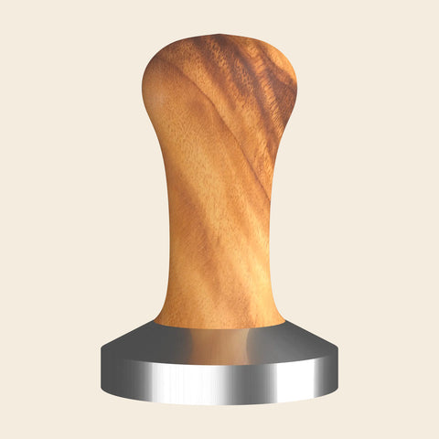 Elba Espresso-Tamper mit Griff aus Olivenholz und Edelstahl-Tamperbasis, freigestellt