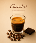 Chocolat Espresso Mocca Arabica mit dichter Crema, Kaffeebohnen und dunkler Schokolade