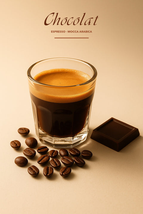 Chocolat Espresso Mocca Arabica mit dichter Crema, Kaffeebohnen und dunkler Schokolade