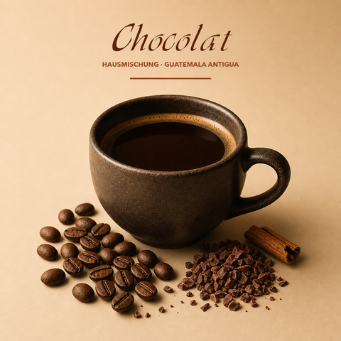 Chocolat Guatemala Antigua mit Kaffee, Kaffeebohnen, Kakao und feiner Wuerze