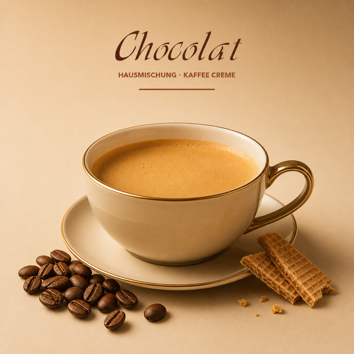 Chocolat Kaffee Creme mit weicher Crema und geroesteten Kaffeebohnen