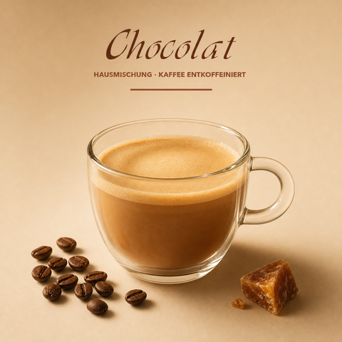 Chocolat Kaffee entkoffeiniert mit sanfter Crema, Kaffeebohnen und Karamellnote