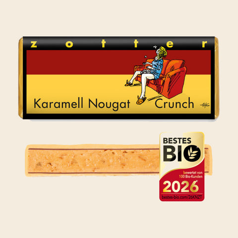 Karamell Nougat Crunch – handgeschöpfte Schokolade von Zotter