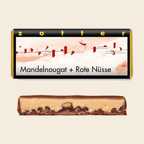 Mandelnougat + Rote Nüsse – handgeschöpfte Schokolade von Zotter