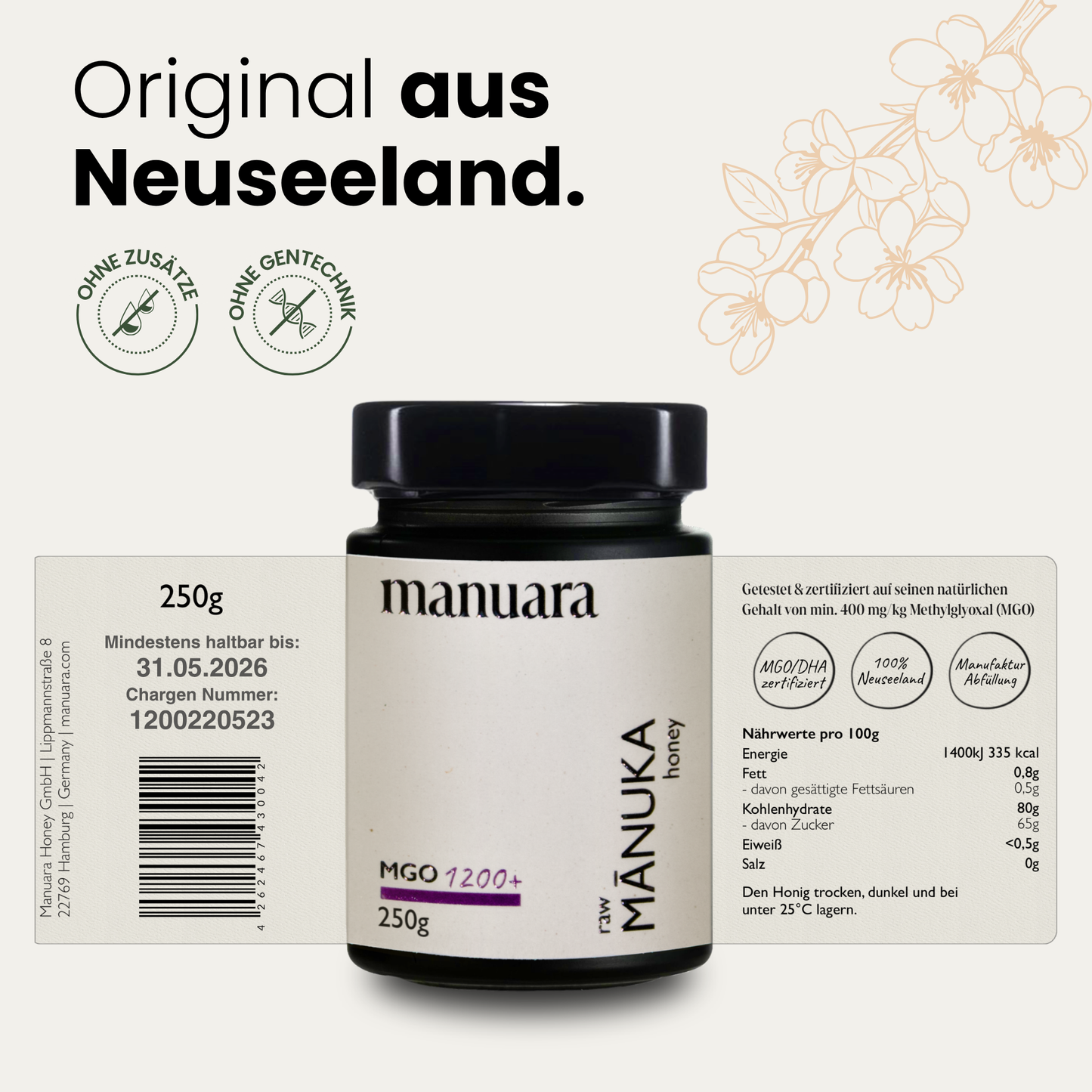 Premium Manuka-Honig MGO 1200+ im lichtundurchlässigen Glas manuarahoney