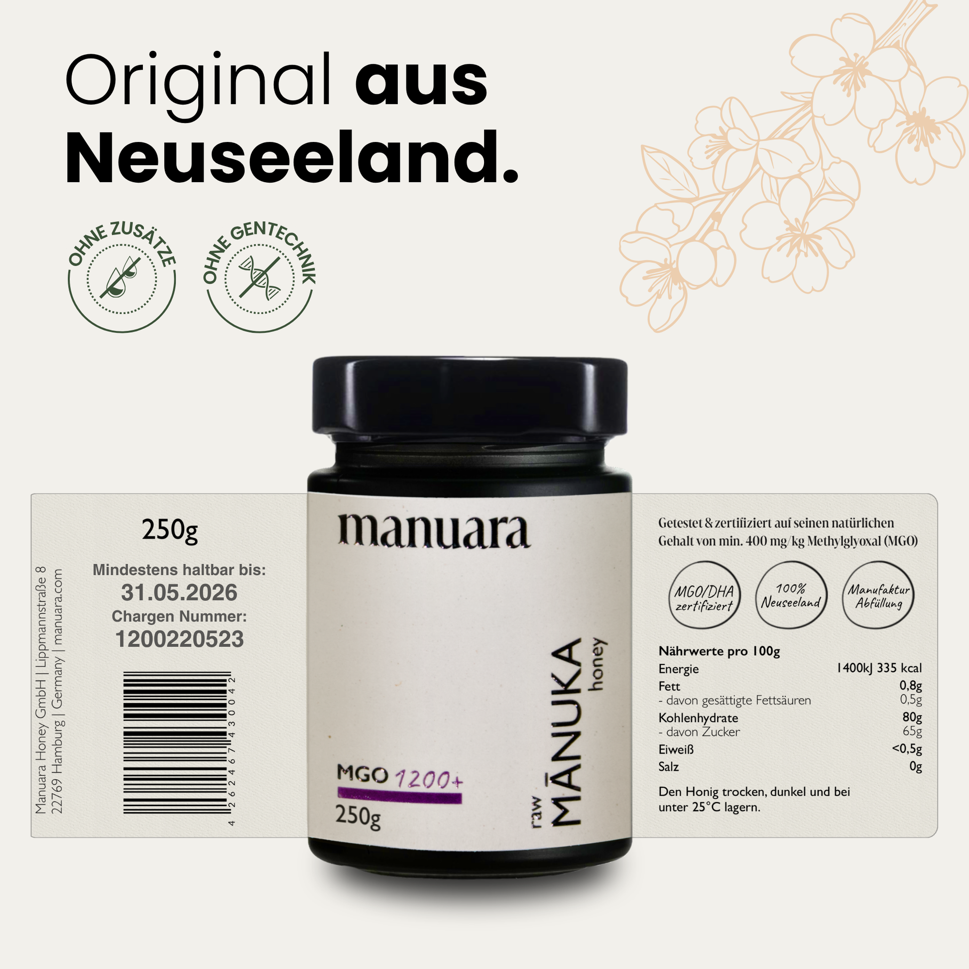 Premium Manuka-Honig MGO 1200+ im lichtundurchlässigen Glas manuarahoney