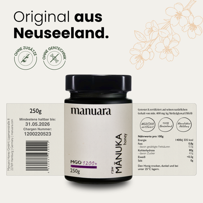 Premium Manuka-Honig MGO 1200+ im lichtundurchlässigen Glas manuarahoney