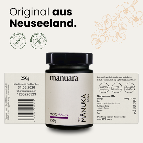 Premium Manuka-Honig MGO 1200+ im lichtundurchlässigen Glas manuarahoney