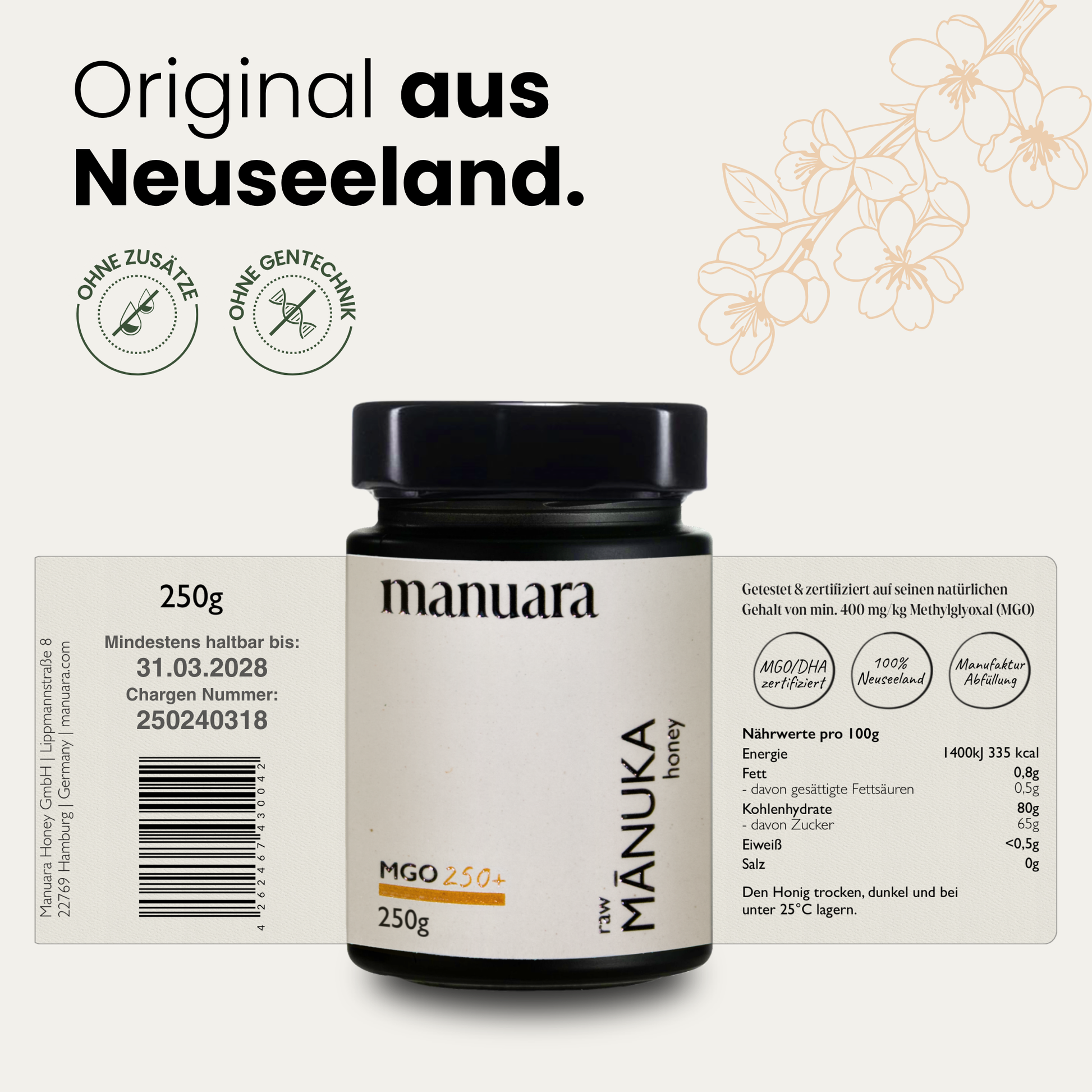 Premium Manuka-Honig MGO 250+ im lichtundurchlässigen Glas manuarahoney