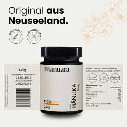 Premium Manuka-Honig MGO 250+ im lichtundurchlässigen Glas manuarahoney