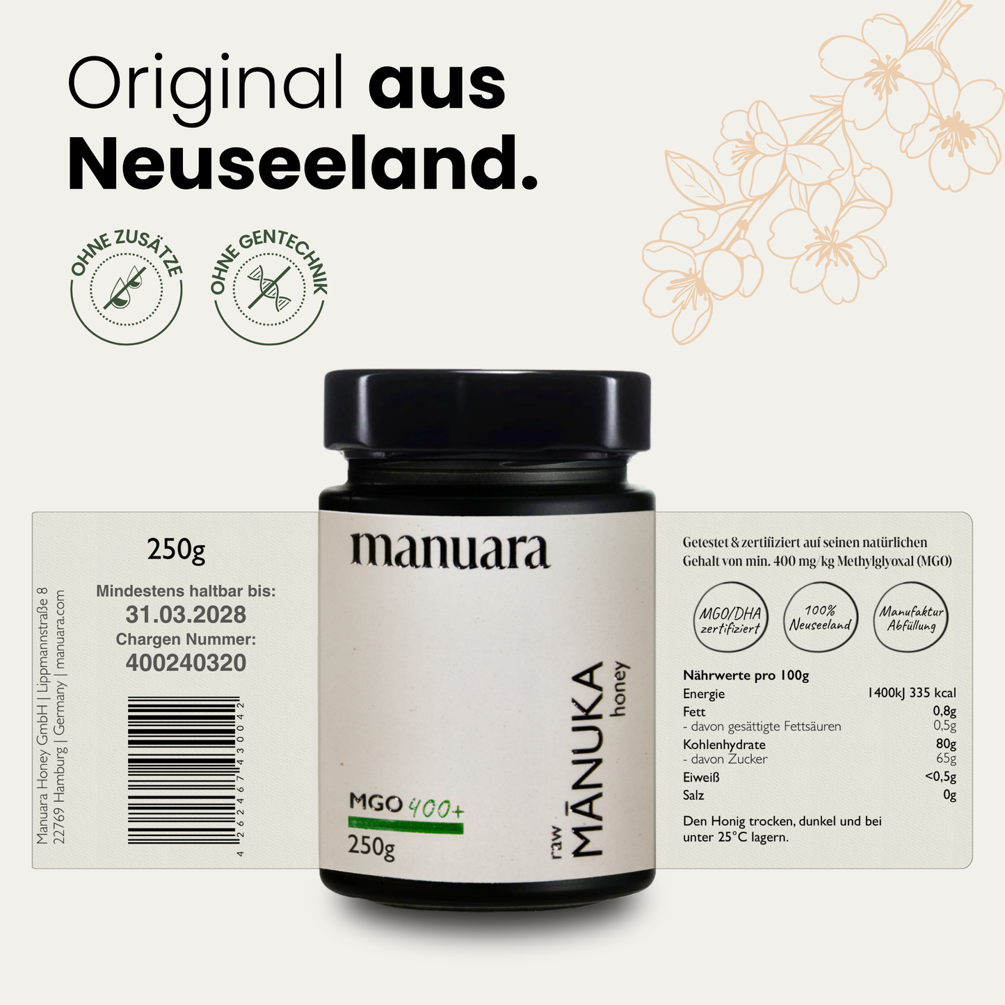 Premium Manuka-Honig MGO 400+ im lichtundurchlässigen Glas manuarahoney