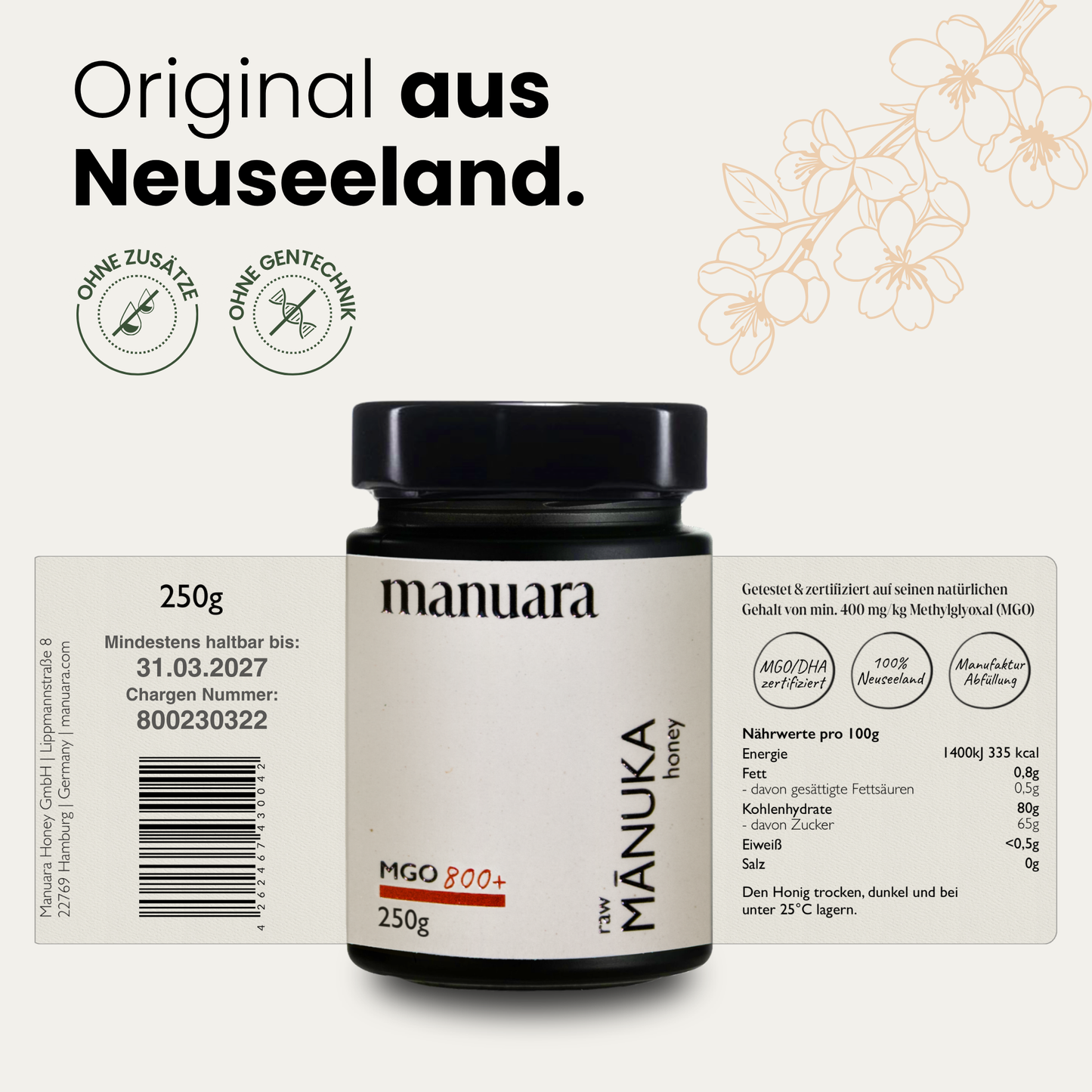 Premium Manuka-Honig MGO 800+ im lichtundurchlässigen Glas manuarahoney