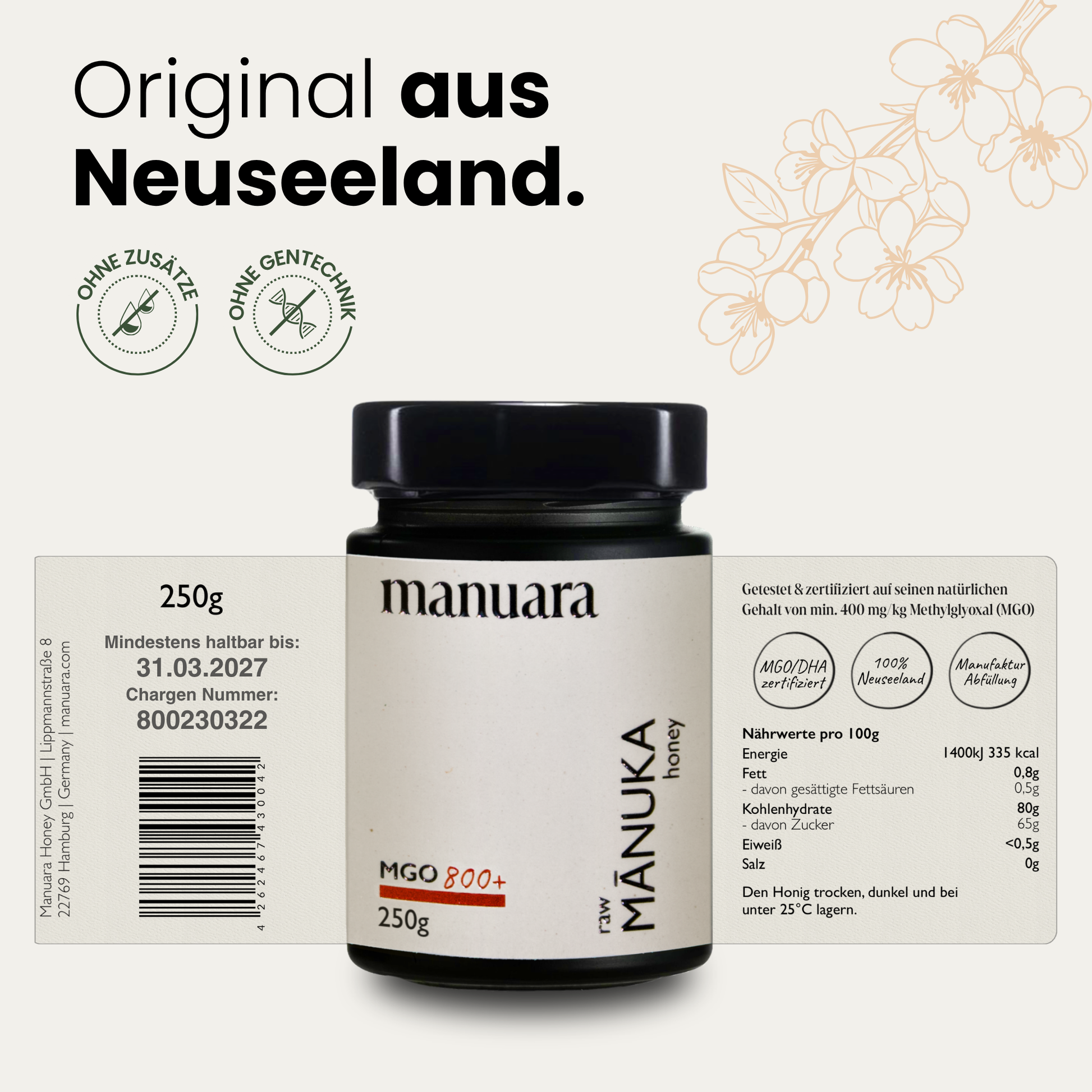 Premium Manuka-Honig MGO 800+ im lichtundurchlässigen Glas manuarahoney