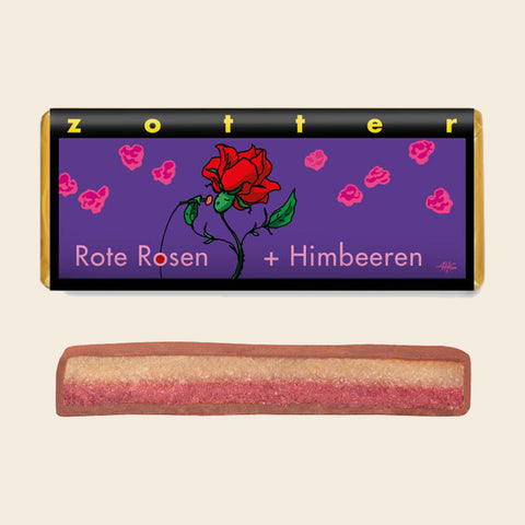 Rote Rosen + Himbeeren – handgeschöpfte Schokolade von Zotter