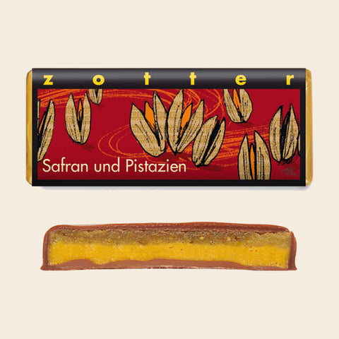 Safran und Pistazien – handgeschöpfte Schokolade von Zotter