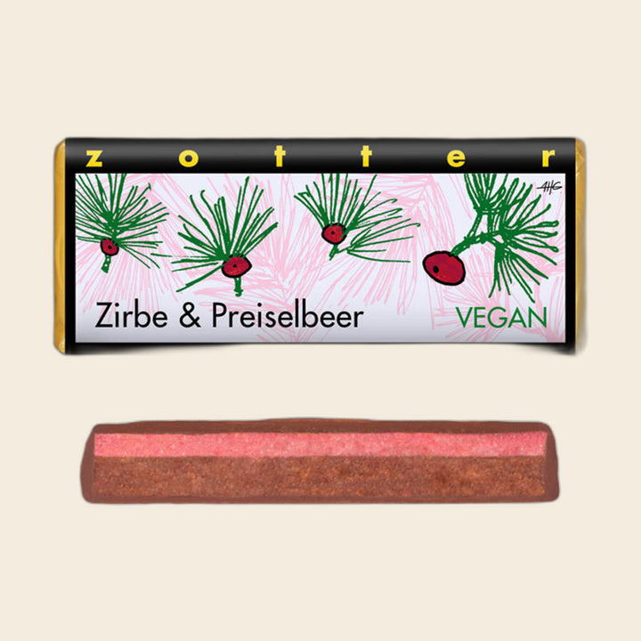 Zirbe & Preiselbeer – handgeschöpfte Schokolade von Zotter, freigestellt