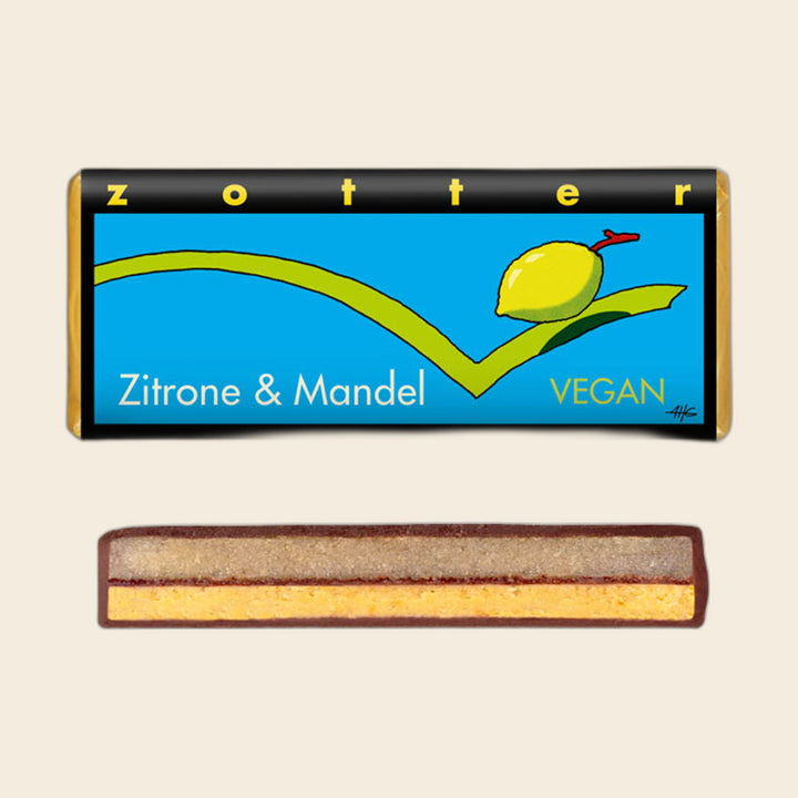 Zitrone & Mandel – handgeschöpfte Schokolade von Zotter, freigestellt