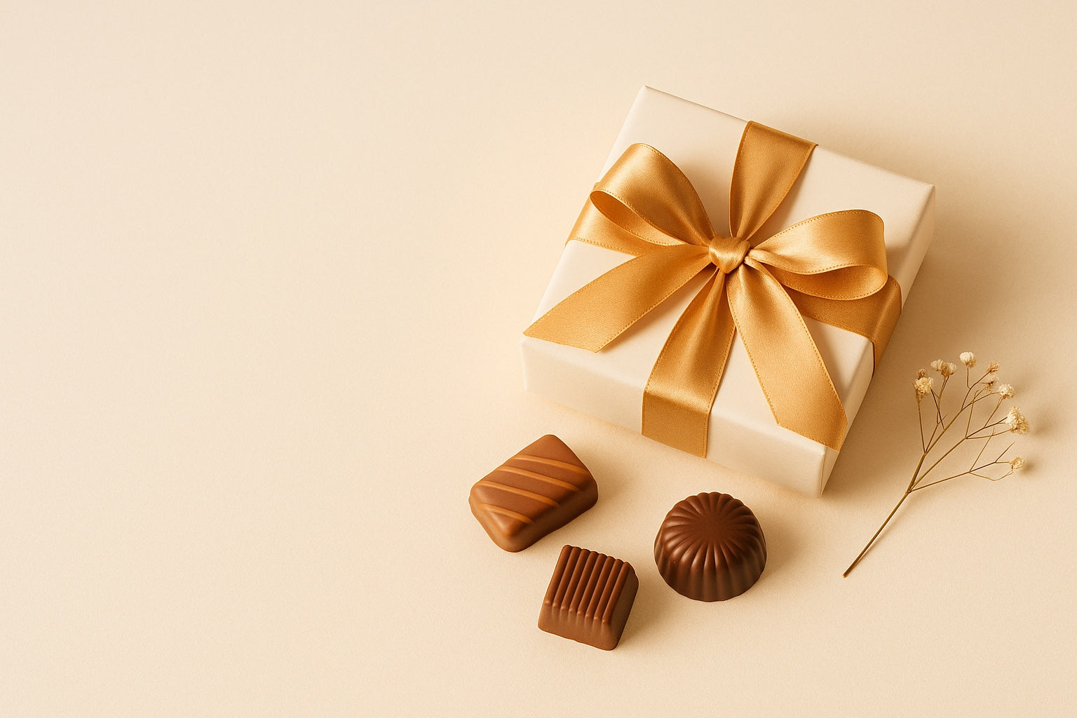 Geschenk mit goldener Schleife und feiner Schokolade